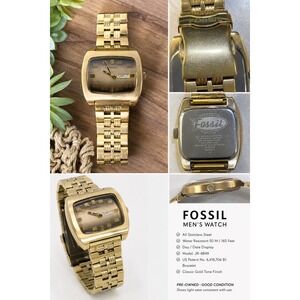 Fossil Mens Watch Gold Tone Stainless Steel Day Date Brown Dial JR-8849 Vintage